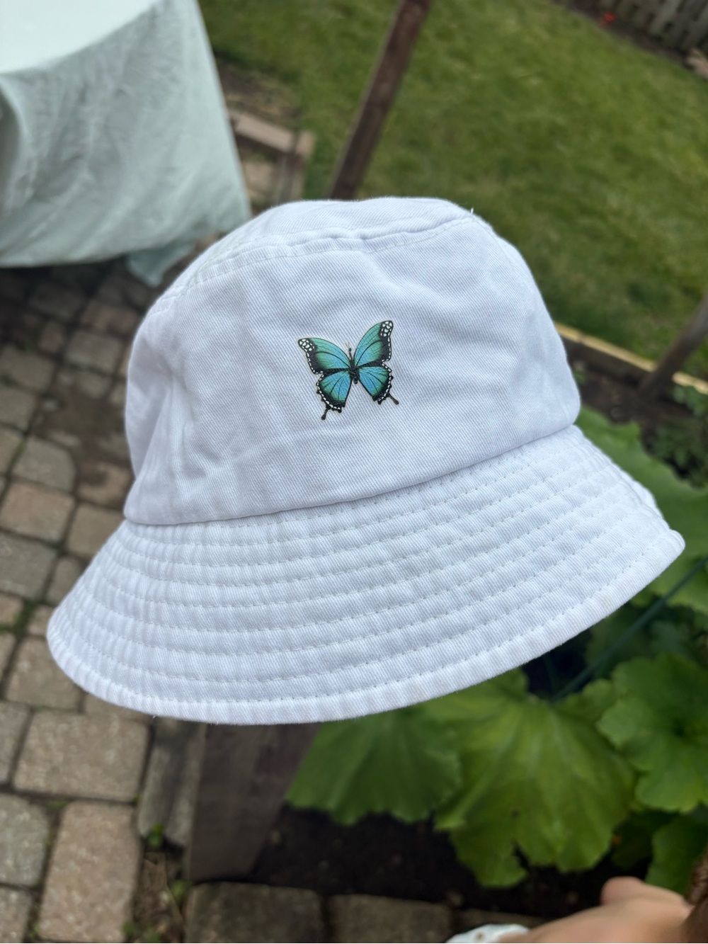 White Bucket Hat with Teal Butterfly Embroidery